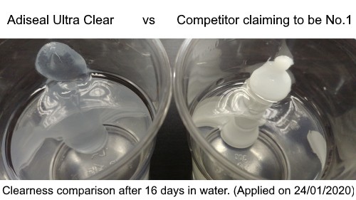 Clear sealant in water comparison. Adiseal has stayed clear whereas the popular competitor product, *** sealant and adhesive has turned white in water.