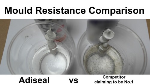 Scellant anti-moisissure et scellant résistant à la moisissure. Adiseal a une résistance à la moisissure plus forte que le mastic concurrent prétendant être le mastic et l'adhésif numéro 1.