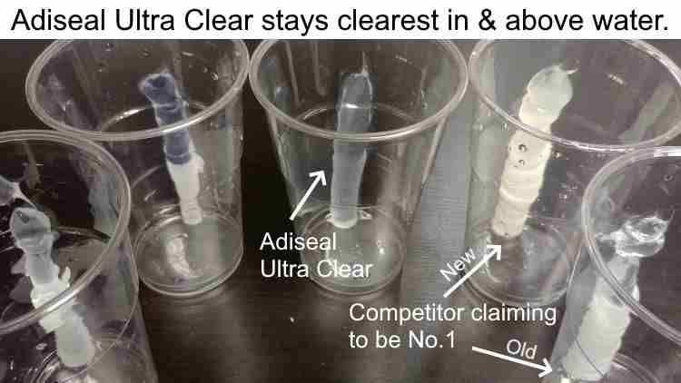 Effacer le test de mastic humide dans l'eau. Adiseal est resté le plus clair dans l'eau. D'autres produits clairs sont devenus blancs.