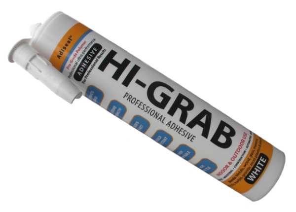 Extra high instant grab adhesive for PVC and other items.