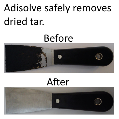 Retire alquitrán, adhesivo, pegamento, aceite, grasa y sellador con Adisolve. Demostración de eliminación de alquitrán de la herramienta, antes y después.