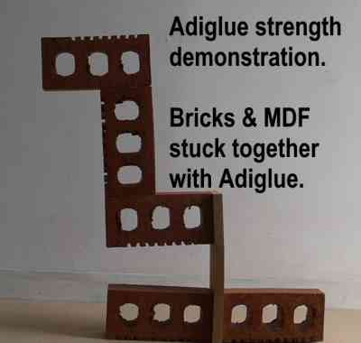 Strong glue strength demonstration using bricks & MDF. Also sticks rubber.