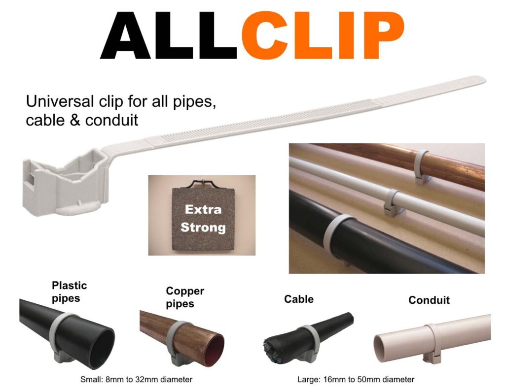 Pipe clips suitable for different size pipes, cable or conduit.