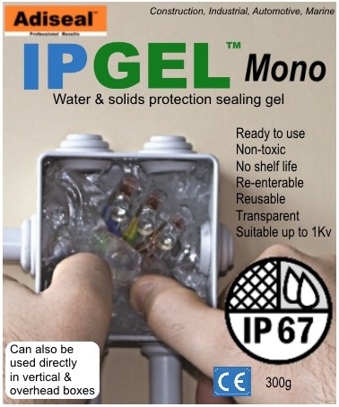 IPGel Mono electrical junction box gel. Ready to use 1 component electrical sealing gel providing IP67 protection.