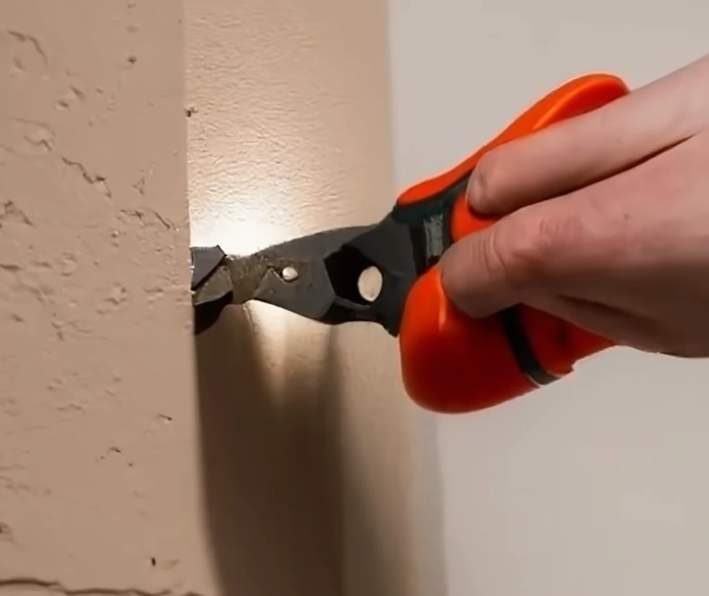 Removing a wall plug from a wall using pliers.